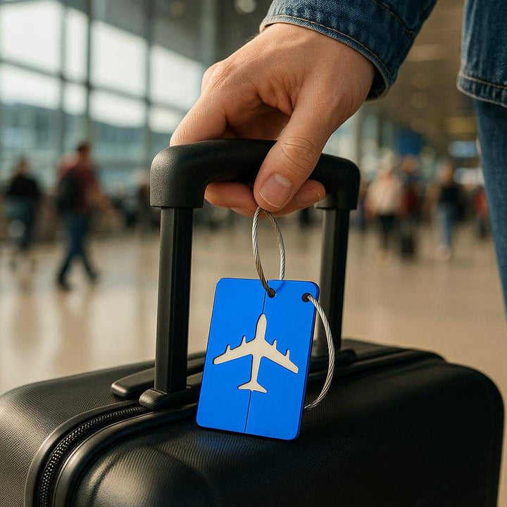 Professionelt Rejsemærke i Aluminium - Mørke Blå, Lilla, Orange, Rød, Sort: A realistic airport setting where the product is properly grounded on a suitcase handle, being actively used by a traveler's hand, with natural lighting casting realistic shadows and showing clear contact points where the product touches the suitcase.