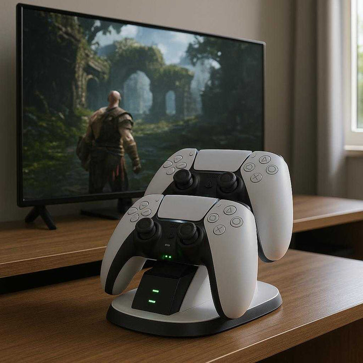 ps5 controller ladestation - hvid, plastik, metal, solid konstruktion, dobbelt opladning, sikkerhed, høj kvalitet: A realistic modern gaming room where the PS5 controller ladestation is properly grounded on a sleek wooden TV stand, actively charging two controllers.