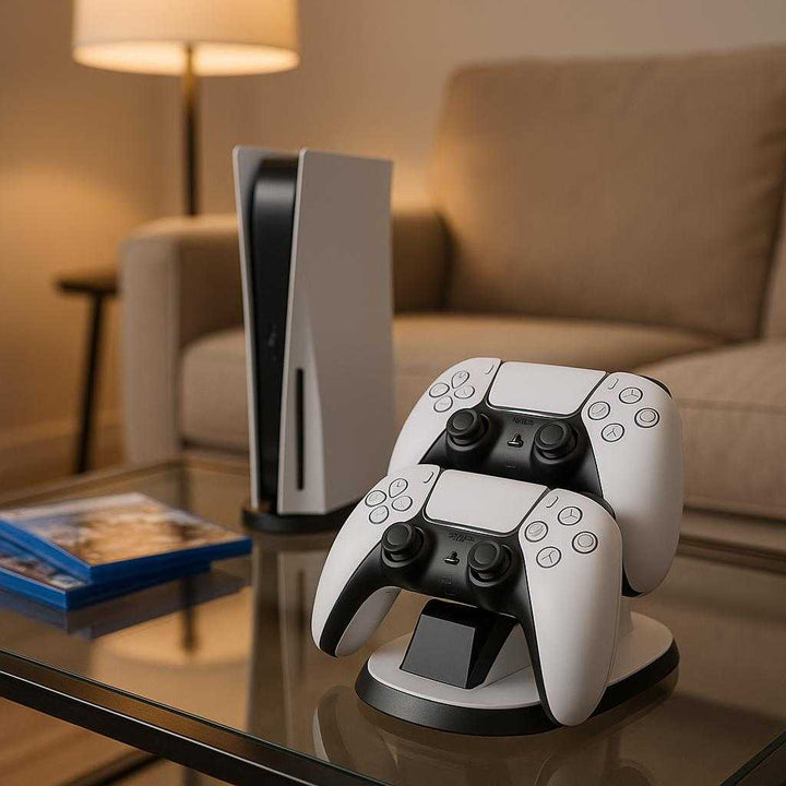 ps5 controller ladestation - hvid, plastik, metal, solid konstruktion, dobbelt opladning, sikkerhed, høj kvalitet: A different realistic living room setting where the PS5 controller ladestation is securely positioned on a glass coffee table, placed naturally beside a gaming console and surrounded by game cases.