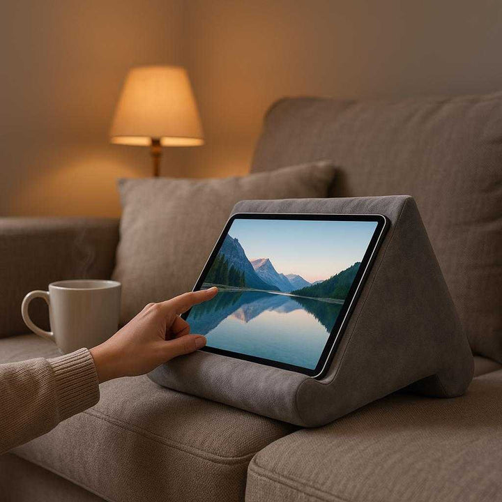 Pudestativ til tablet - Komfortabel og stabil støtte i moderne design, tilgængelig i fire farver: A cozy living room setting, where the Pudestativ til tablet is placed on a plush sofa next to a cup of steaming coffee.