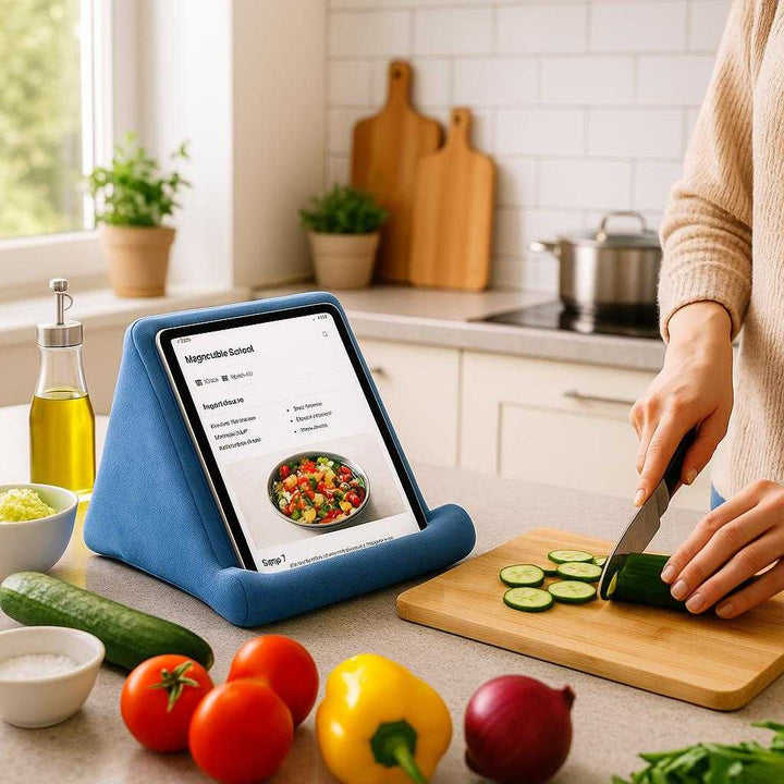 Pudestativ til tablet - Komfortabel og stabil støtte i moderne design, tilgængelig i fire farver: A modern kitchen environment, where the Pudestativ til tablet in Blå is positioned on a tidy kitchen counter.