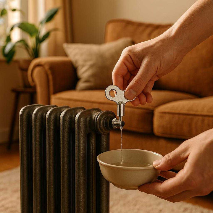 Radiatornøgle i rustfrit stål - Universal, holdbar og nem at bruge: A cozy, warmly lit living room with a classic cast iron radiator near a vintage sofa.