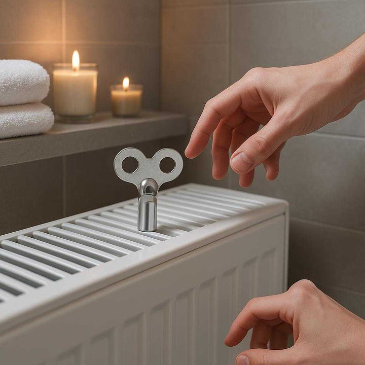 Radiatornøgle i rustfrit stål - Universal, holdbar og nem at bruge: A modern bathroom with sleek, minimalist design elements.