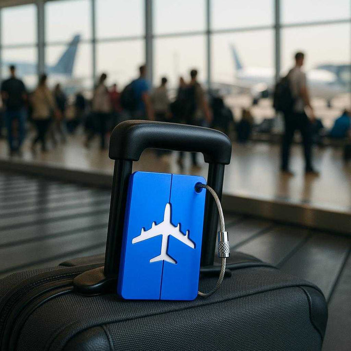 Rejsemærke i Aluminium - Professionelt, Holdbart og Farverigt til Bagage i Mørke Blå, Lilla, Orange, Rød og Sort. The vibrant blue aluminum luggage tag is securely attached to a suitcase handle as it stands on an airport conveyor belt, surrounded by bustling travelers with planes visible through large windows in the background.