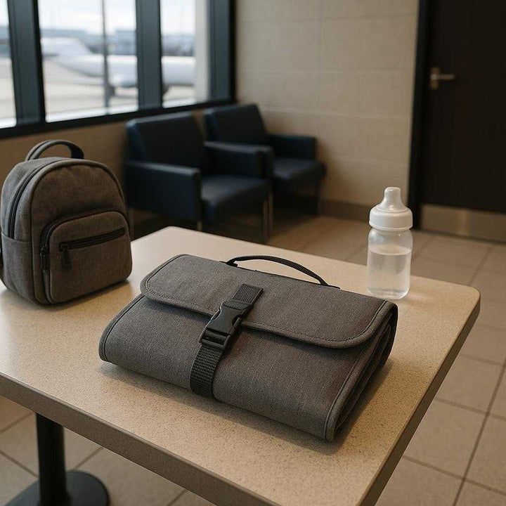Rejsepusleunderlag - Praktisk og kompakt til bleskift på farten - Tilgængelig i grå og blå: A different realistic airport lounge setting where the travel changing mat is securely positioned on a clean table in a family restroom, being naturally placed with travel essentials like a small backpack and bottle nearby.