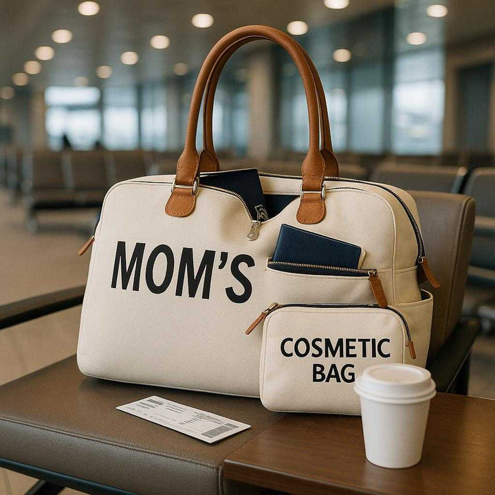 Rejsetasker i Lærred, Læder og Metal Lynlåse - Flere Rum, Let at Bære, Stilfuldt Design: A different realistic airport lounge setting where the large bag is securely positioned on a seat next to a coffee cup and a boarding pass, naturally placed as if ready for travel.