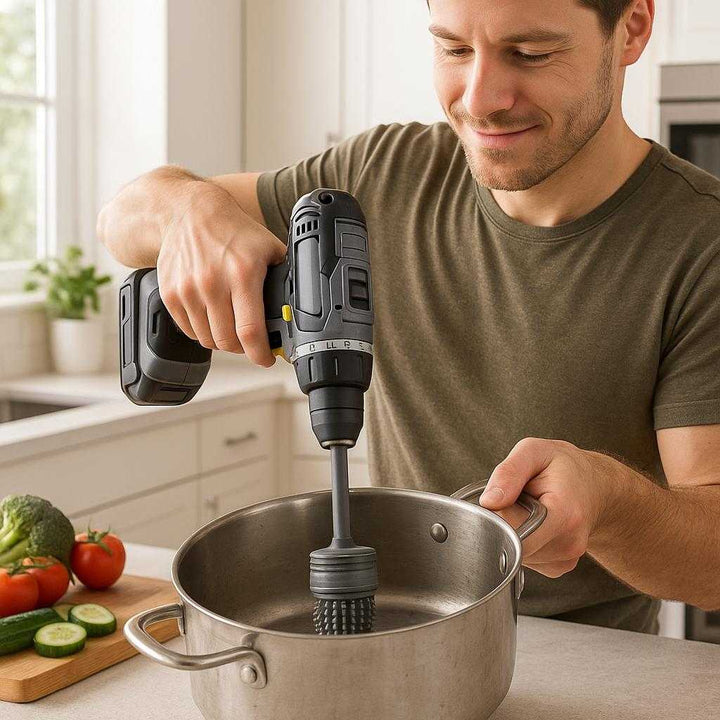 Rengøringsbørste Elektrisk: Fleksibel og Effektiv Rengøringsløsning til Boremaskine i Grå Farve: A pristine kitchen setting, where the electric cleaning brush is attached to a power drill, being used to scrub the inner surface of a large, deep pot.
