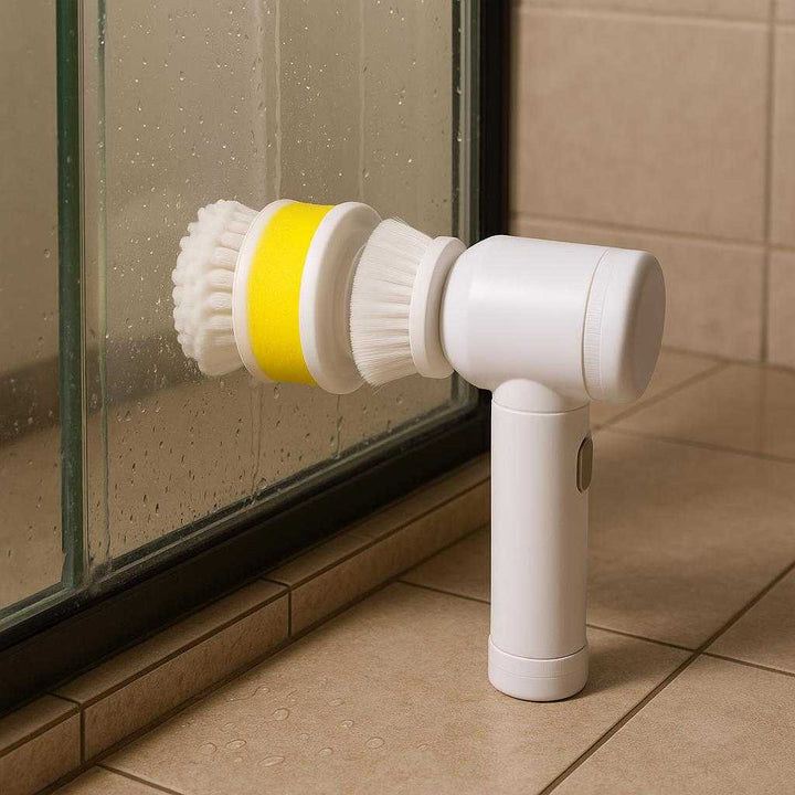 Rengøringsbørste Elektrisk til Effektiv Rengøring - Høj Kvalitet og Ergonomisk Design: A different realistic bathroom scene where the product is securely positioned on a tiled bathroom floor, being used to scrub a glass shower door, with proper physics, shadows, and realistic integration into the environment, showing droplets of water and gentle reflections on the glass.