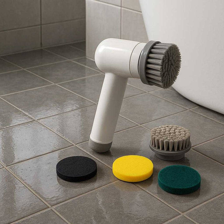 Rengøringsbørste Grå Elektrisk – Genopladelig med 4 Hoveder, Professionel og Høj Kvalitet: A different realistic bathroom environment where the Rengøringsbørste Grå Elektrisk is securely positioned on a tiled floor next to a bathtub.