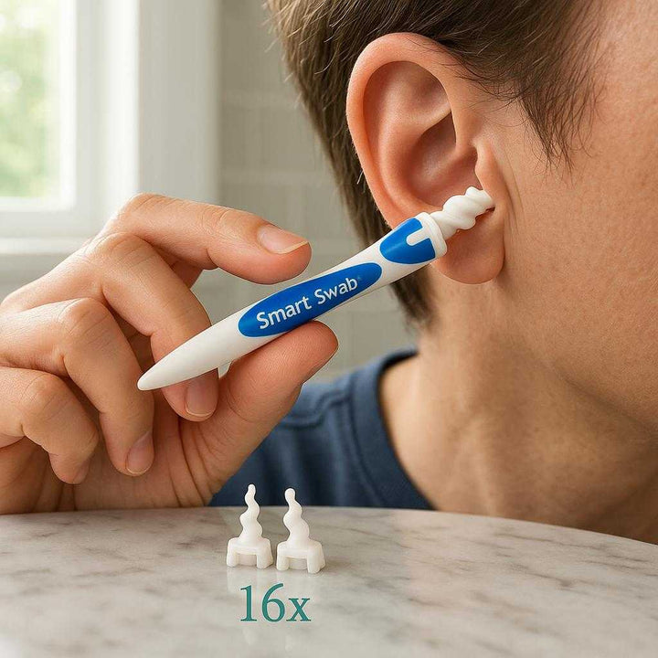 Ørerenser med Spiralhoved - Innovativ, Sikker Ørerensning i Høj Kvalitet: A realistic bathroom setting where the product is properly grounded on a marble countertop, being actively used by a person holding it near their ear for gentle cleaning.