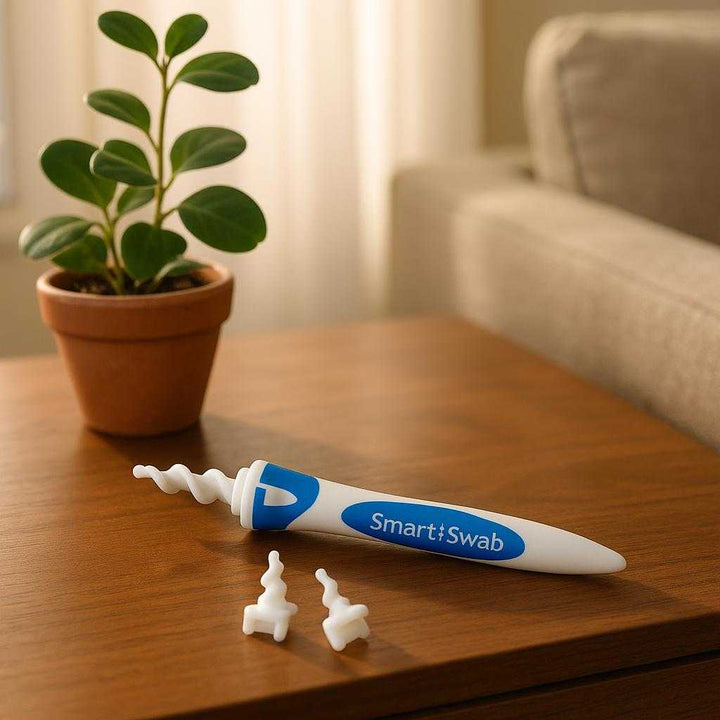 Ørerenser med Spiralhoved - Innovativ, Sikker Ørerensning i Høj Kvalitet: A different realistic living room setting where the product is securely positioned on a wooden side table next to a small indoor plant, placed naturally after use.