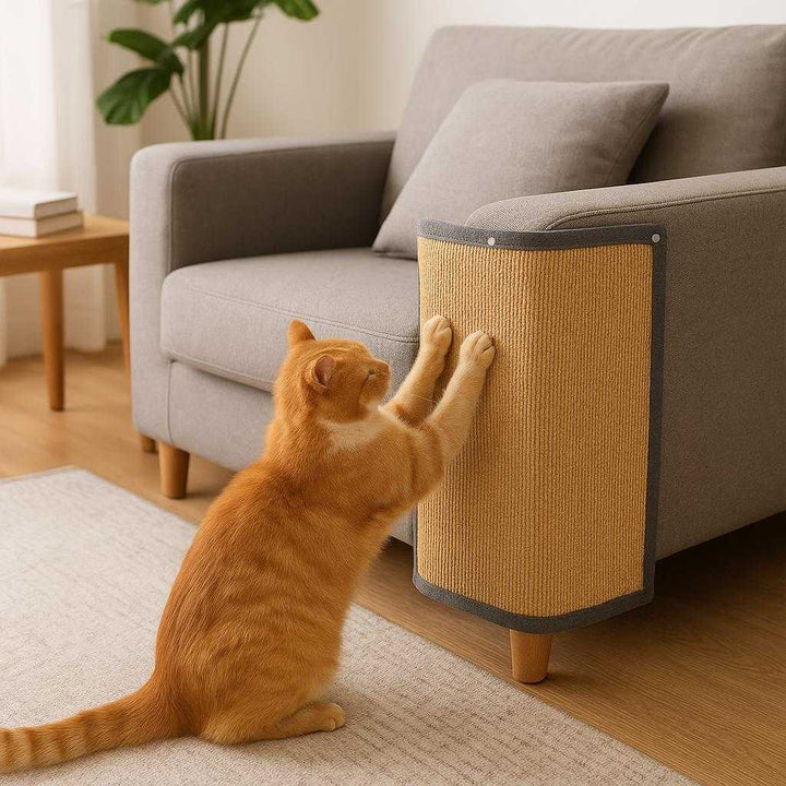 Ridsebeskyttelse til bilhåndtag – Gennemsigtige film mod ridser og neglemærker i forskellige størrelser: A realistic living room setting where the product is properly grounded on the arm of a modern sofa, being actively used by a cat scratching it.