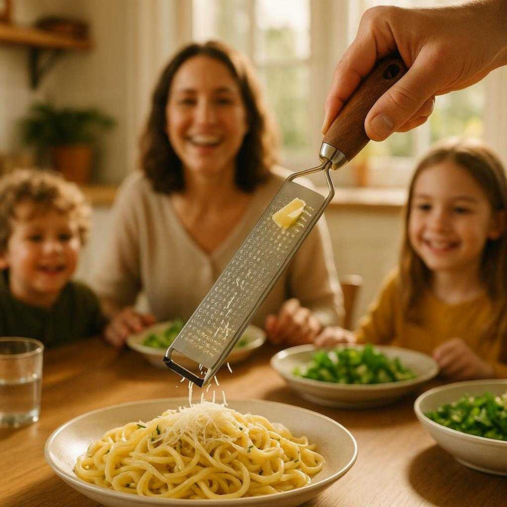 Rivejern i rustfrit stål med træhåndtag - Effektivt til ost, citrus og chokolade. In a sunlit kitchen, the grater is expertly shredding Parmesan over a steaming plate of pasta while a joyful family gathers around the dining table, ready to enjoy a homemade meal.