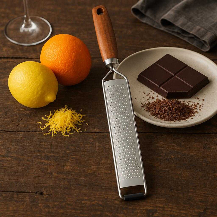 Rivejern i rustfrit stål med træhåndtag - Effektivt til ost, citrus og chokolade. On a rustic wooden table, the grater is elegantly arranged next to zested citrus fruits and finely grated chocolate, capturing its versatility amidst a backdrop of fine dining accessories for a gourmet dessert evening.