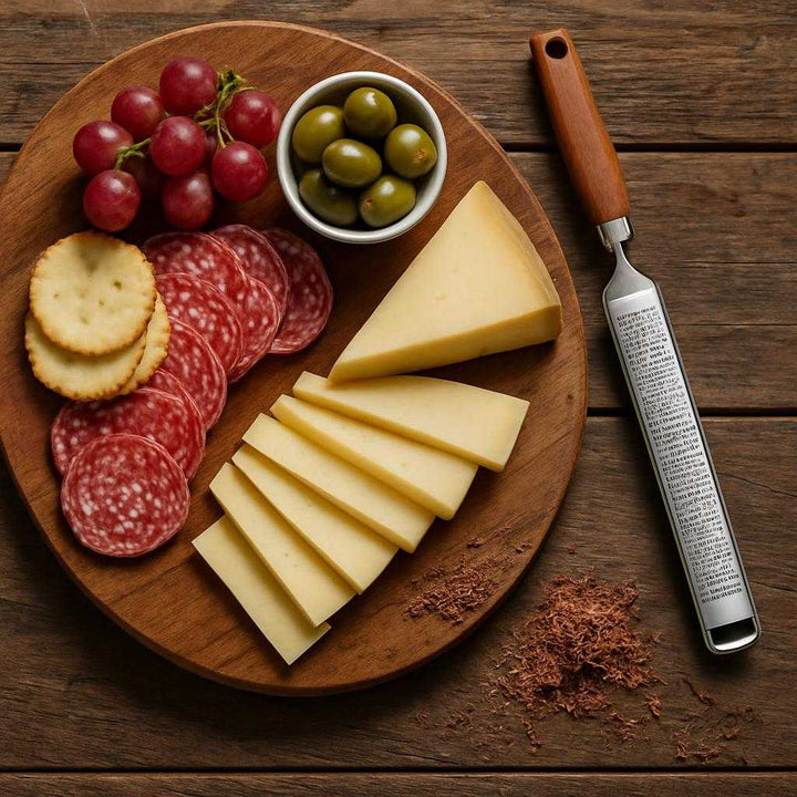 Rivejern i rustfrit stål med træhåndtag - Effektivt til ost, citrus og chokolade. The grater elegantly rests beside a gourmet cheese platter on a rustic wooden table, with finely grated chocolate accents nearby for a dessert presentation.