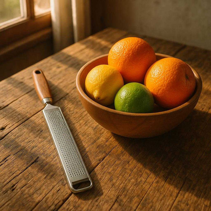 Rivejern i rustfrit stål med træhåndtag - Effektivt til ost, citrus og chokolade. The grater rests elegantly beside a bowl of vibrant citrus fruits on a rustic wooden table, with sunlight streaming through a nearby window.
