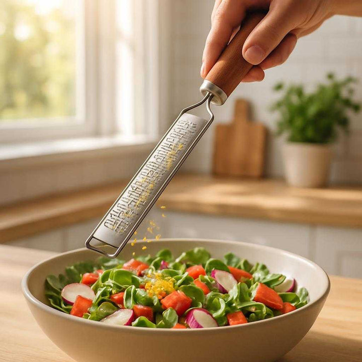 Rivejern i rustfrit stål med træhåndtag - Effektivt til ost, citrus og chokolade. The stainless steel grater with a wooden handle is actively grating fresh citrus zest over a vibrant salad in a modern kitchen, sunlight streaming through the window.