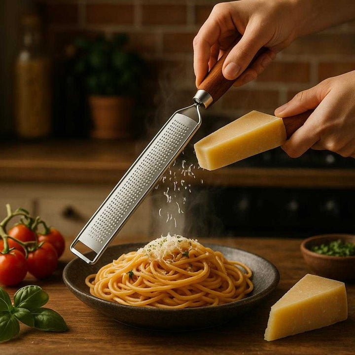 Rivejern i rustfrit stål med træhåndtag - Effektivt til ost, citrus og chokolade. The stainless steel grater with a wooden handle is expertly grating Parmesan cheese over a steaming plate of pasta in a cozy kitchen setting, surrounded by fresh ingredients.