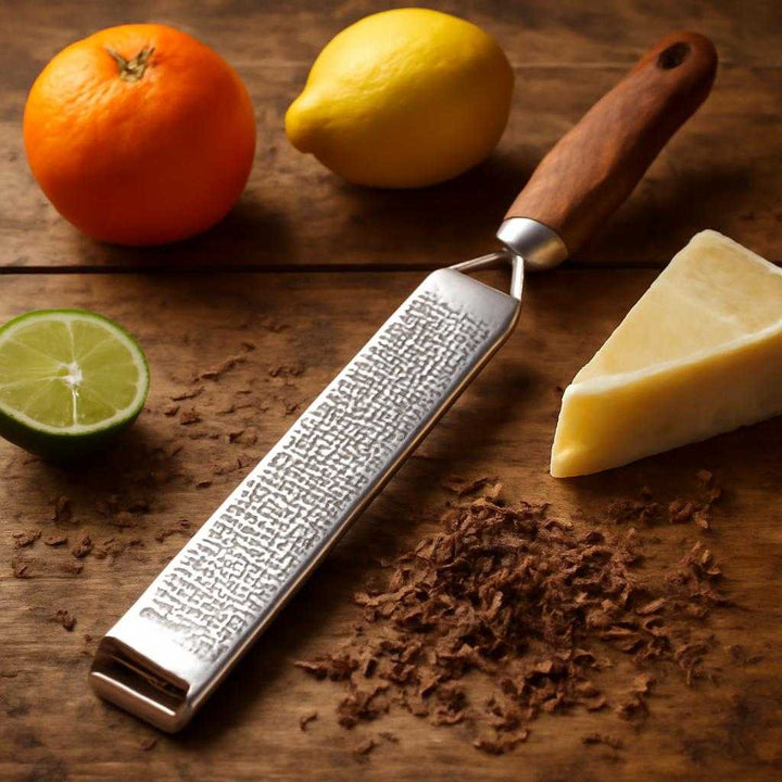 Rivejern i rustfrit stål med træhåndtag - Effektivt til ost, citrus og chokolade. The stainless steel grater with a wooden handle is elegantly displayed on a rustic wooden counter surrounded by chocolate shavings, citrus fruits, and a wedge of Parmesan.