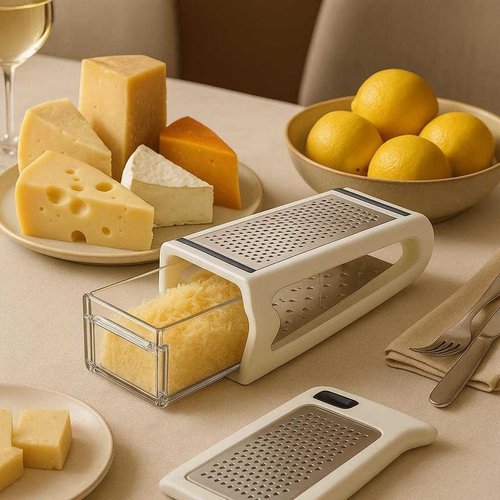 Rivejern med Beholder – Professionel Høj Kvalitet til Parmesan og Citron. The cheese grater with container sits elegantly on a dining table, surrounded by an assortment of cheeses and a bowl of zesty lemons, ready for a gourmet dinner setting.