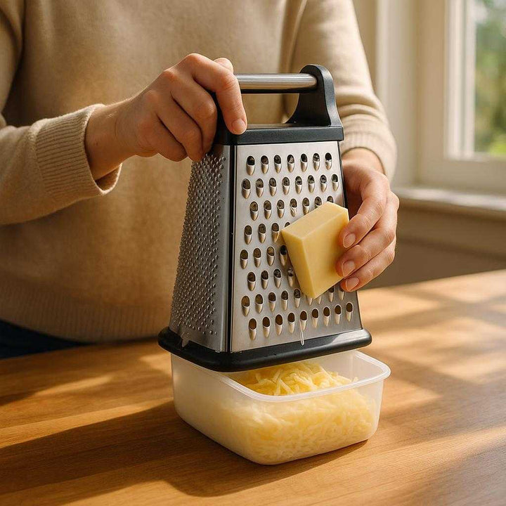 Rivejern med Opsamler og Skridsikkert Greb - Multifunktionelt Køkkenredskab i Moderne Design: A realistic kitchen setting where the product is properly grounded on a wooden countertop, being actively used by a person grating cheese, with natural morning light streaming in through a window casting realistic shadows and showing clear contact points where the grater meets the counter.