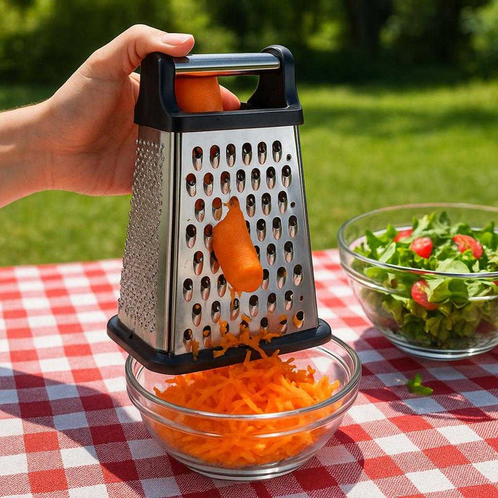 Rivejern med Opsamler og Skridsikkert Greb - Multifunktionelt Køkkenredskab i Moderne Design: A different realistic picnic setup outside where the product is securely positioned on a picnic tablecloth, being used to grate carrots into a bowl for a fresh salad, with proper physics as the grater stays stable due to its anti-slip base.