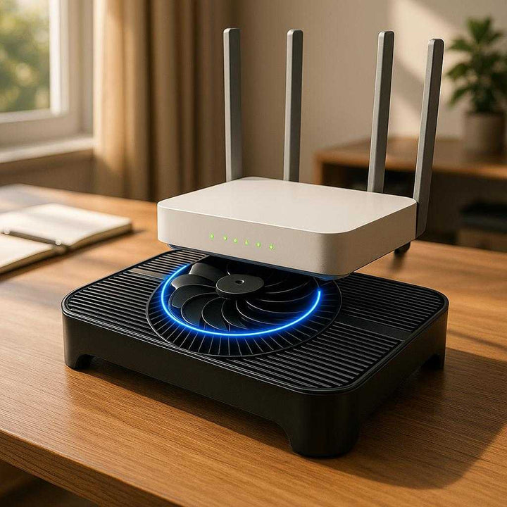 Router Radiator Z-X3 Sort - Forbedret Luftstrøm, Reduceret Varme, Høj Kvalitet: A realistic home office setting where the Router Radiator Z-X3 Sort is properly grounded on a sleek wooden desk, actively in use beneath a wireless router.