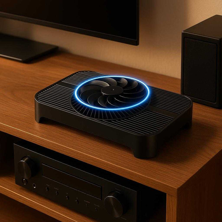 Router Radiator Z-X3 Sort - Forbedret Luftstrøm, Reduceret Varme, Høj Kvalitet: A different realistic living room setting where the Router Radiator Z-X3 Sort is securely positioned on a modern entertainment center.