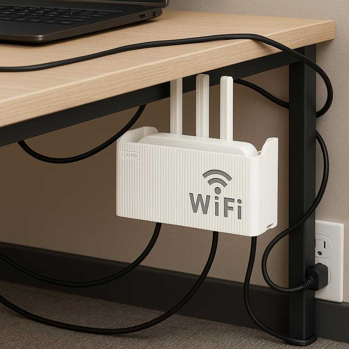 Router skjuler – Elegant vægmonteret WiFi boks: A different realistic home office setting where the router skjuler is securely positioned under a desk, blending seamlessly with organized cables and tech equipment.