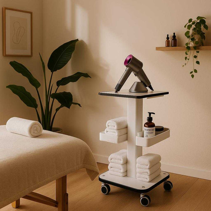 Rullebord til skønhedsbehandling: Praktisk og moderne design med hjul og opbevaringshylde: A chic, modern spa setting, where the beauty treatment cart is artistically integrated next to a massage table.
