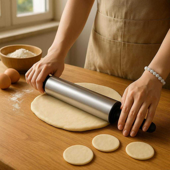 Rullepind i rustfrit stål - metal & Plastik, 1 stk, God kvalitet: A realistic kitchen setting where the stainless steel rolling pin is properly grounded on a wooden countertop, being actively used by a person to roll out dough.