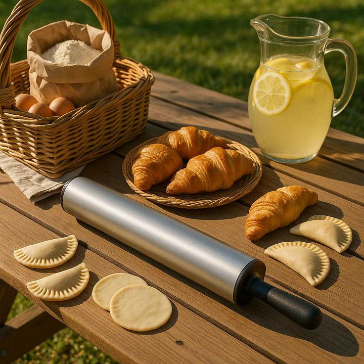 Rullepind i rustfrit stål - metal & Plastik, 1 stk, God kvalitet: A different realistic outdoor picnic setting where the rolling pin is securely positioned on a picnic table, next to a basket of baking supplies.