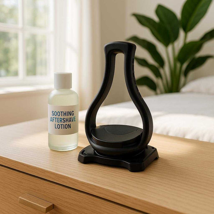 Rygbarberer med ergonomisk design – Fleksibel, kompakt og effektiv løsning til selvstændig rygbarbering: A bright, spacious bedroom with natural daylight streaming through large windows, where the product is laying neatly on a wooden dresser next to a bottle of soothing aftershave lotion.