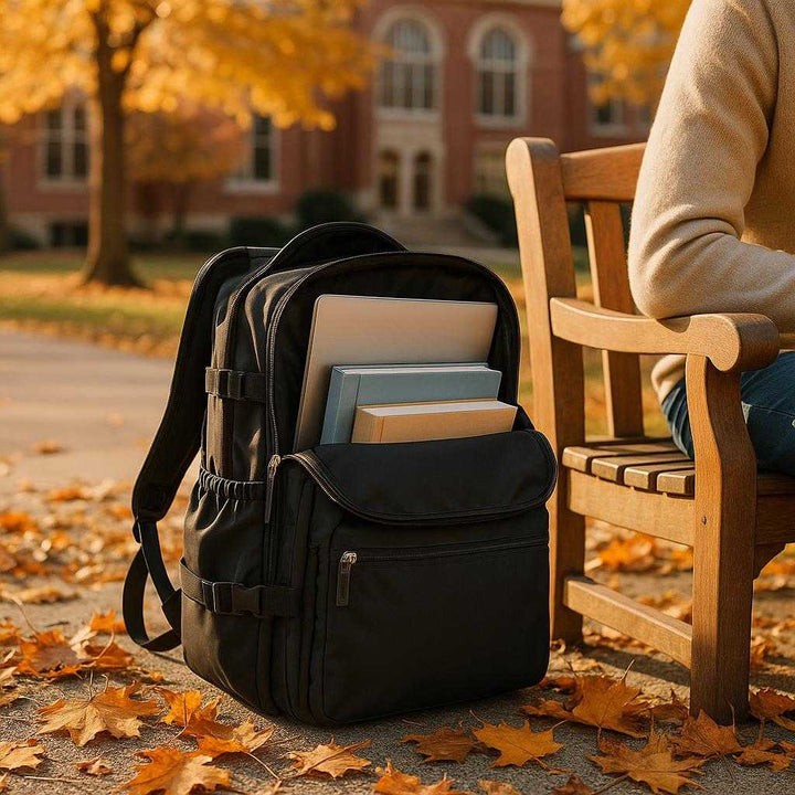 Rygsæk med stor kapacitet og flere rum - Ideel til rejser, skole og arbejde - Tilgængelig i 5 farver: A serene university campus in the fall, where the backpack is accurately integrated, resting against a wooden park bench next to a student.