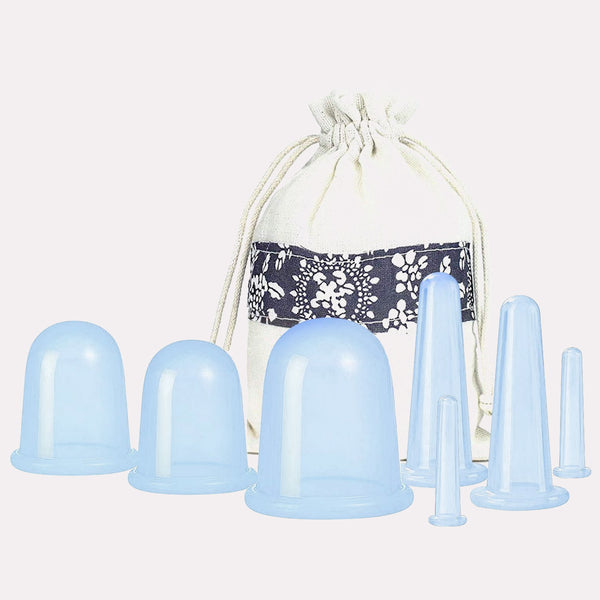 Professionelt Cuppingsæt til Ansigt - 6 Silikonekopper i Smuk Lyseblå med Praktisk Pose