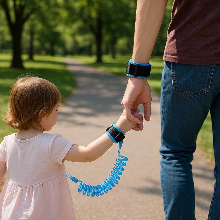 Safety Sele i Plastik, Stof og Spiralkonstruktion - Sikkerhed og Fleksibilitet i Flere Farver: A realistic park setting where the product is properly grounded on a parent's wrist and a child's wrist, actively used while they walk on a pathway.