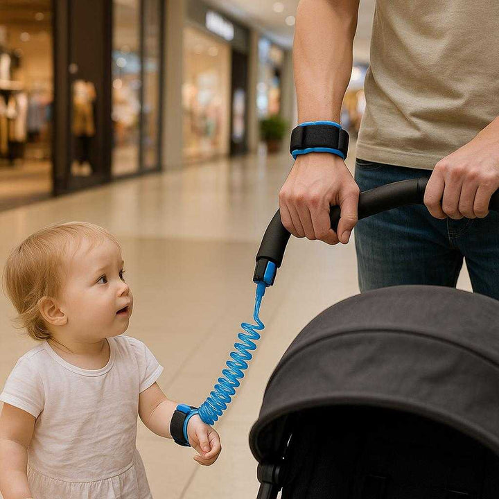 Safety Sele i Plastik, Stof og Spiralkonstruktion - Sikkerhed og Fleksibilitet i Flere Farver: A different realistic mall environment where the product is securely positioned on a stroller handle and a toddler's wrist, being used naturally as the parent shops.