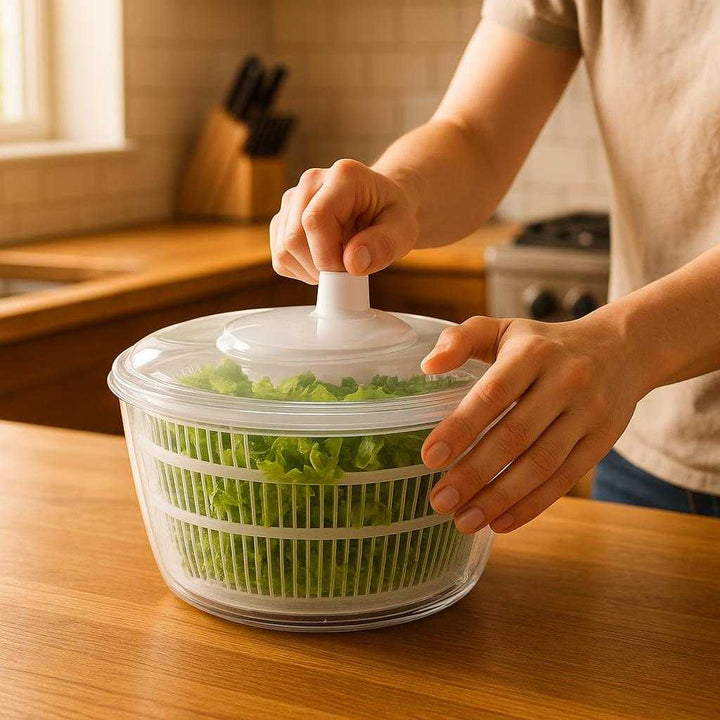 Salatslynge med håndsving og si - Effektiv tørring og servering af salat og grøntsager: A realistic modern kitchen setting where the product is properly grounded on a wooden countertop, being actively used by a person's hands who are spinning the handle to dry freshly washed greens.