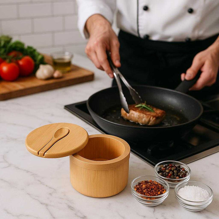 Saltkrukke i Træ med Låg og Ske - Naturlig og Elegant Opbevaring til Køkkenet. The elegant wooden salt cellar with its lid and spoon is placed on a marble kitchen counter next to a variety of spices as a chef prepares a gourmet meal.