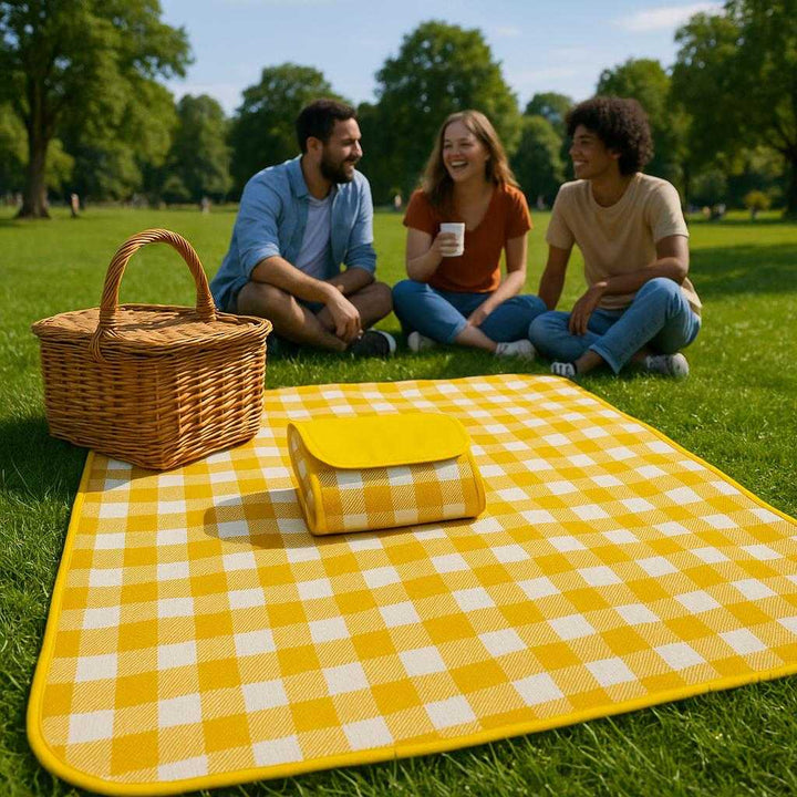 Sammenfoldeligt Picnictæppe med Bærehåndtag i Gul og Rød - Høj Kvalitet og Funktionelt Design. The yellow and red checkered picnic blanket is spread out on lush green grass at a vibrant park, with a picnic basket and friends enjoying a sunny afternoon around it.