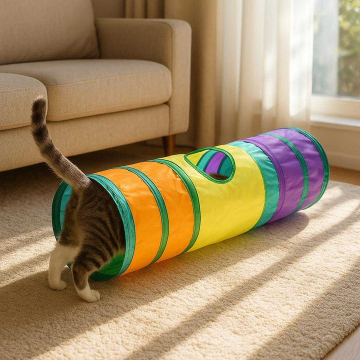 Sammenklappelig kattetunnel med farverig design - Ideel til indendørs og udendørs leg: A realistic indoor living room setting where the collapsible cat tunnel is properly grounded on a soft carpet, being actively explored by a playful cat entering from one end.