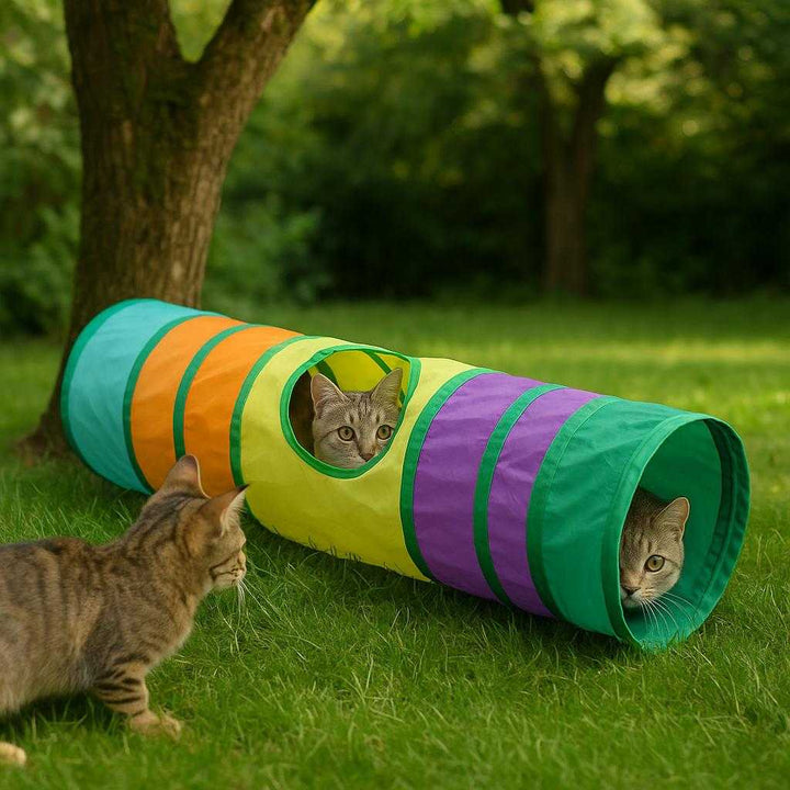 Sammenklappelig kattetunnel med farverig design - Ideel til indendørs og udendørs leg: A different realistic outdoor garden setting where the collapsible cat tunnel is securely positioned on lush grass, naturally placed under the shade of a tree.