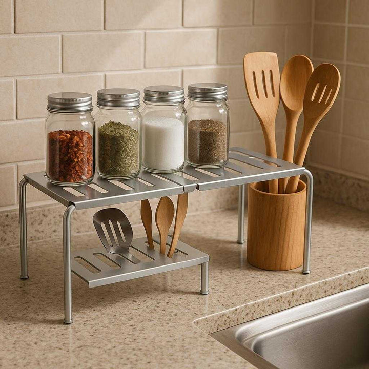Sammenklappelig køkkenhylde i metal - Justerbar, pladsbesparende og holdbar - Tilgængelig i Lyseblå og Hvid: A realistic kitchen setting where the foldable kitchen shelf is properly grounded on a countertop, being used to organize spice jars and utensils.