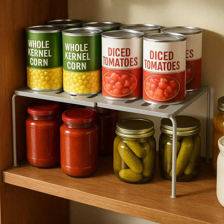 Sammenklappelig køkkenhylde i metal - Justerbar, pladsbesparende og holdbar - Tilgængelig i Lyseblå og Hvid: A different realistic pantry setting where the product is securely positioned on a wooden shelf, being used to stack cans and jars neatly.