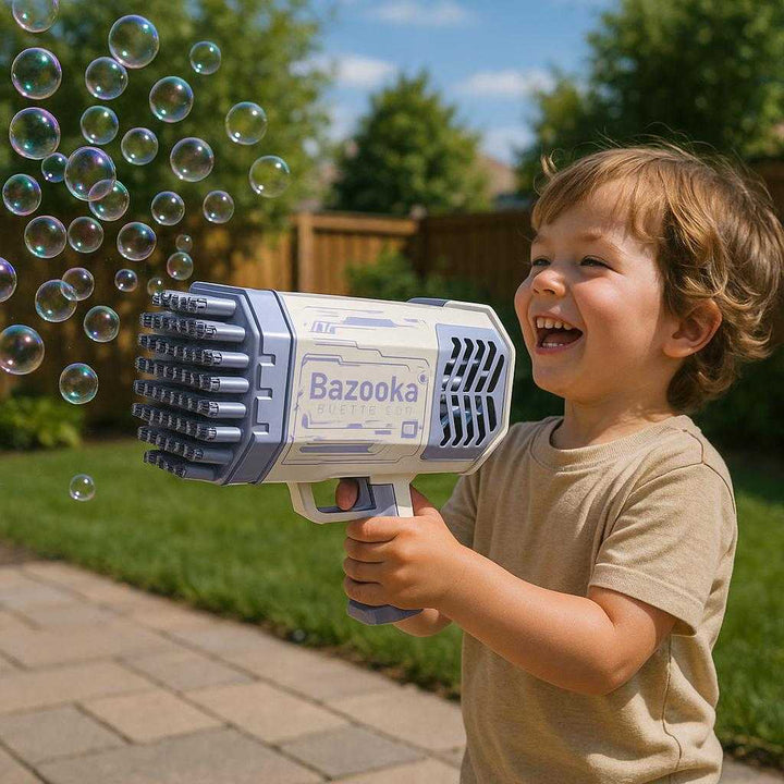 Sæbeboble pistol med 69 huller og LED-lys - Perfekt til udendørs leg og fester: A realistic backyard setting where the bubble gun is properly grounded in the hands of a child, joyfully shooting bubbles into the air during a sunny afternoon, with natural lighting casting realistic shadows and clear contact points on the patio surface.