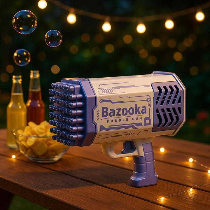Sæbeboble pistol med 69 huller og LED-lys - Perfekt til udendørs leg og fester: A different realistic garden party setting at dusk where the bubble gun is securely positioned on a picnic table, surrounded by LED lights creating a festive atmosphere.