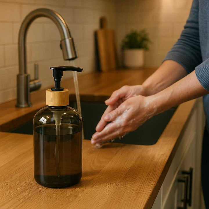 Sæbedispenser i Røgfarvet Glas med Sort Pumpe - 500ml Høj Kvalitet og Stilfuldt Design: A different realistic kitchen setting where the soap dispenser is securely positioned on a wooden kitchen island, naturally placed next to a kitchen sink, with a person washing hands.
