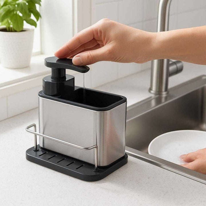 Sæbedispenser med Sensor - Moderne og Praktisk til Vægmontering i Sort og Sølv: A different realistic kitchen setting where the soap dispenser is securely positioned on a kitchen counter next to a stainless steel sink, with a hand reaching out to use it while washing dishes.