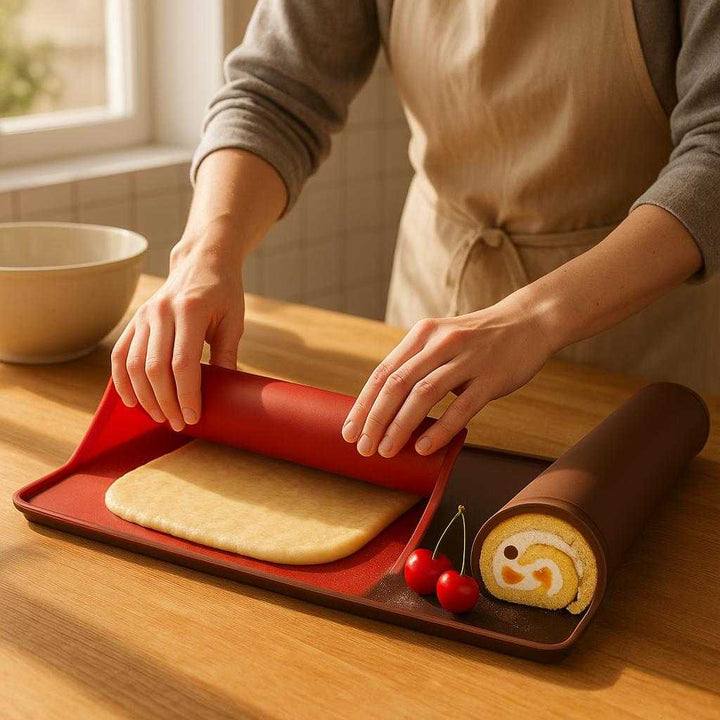 Schweizisk Rullemåtte i Silikone - Non-stick, Fleksibel, Let at Rengøre - Rød, Kaffe: A realistic kitchen setting where the Schweizisk Rullemåtte i Silikone is properly grounded on a wooden countertop, being actively used by a baker who is rolling out dough for a Swiss roll.
