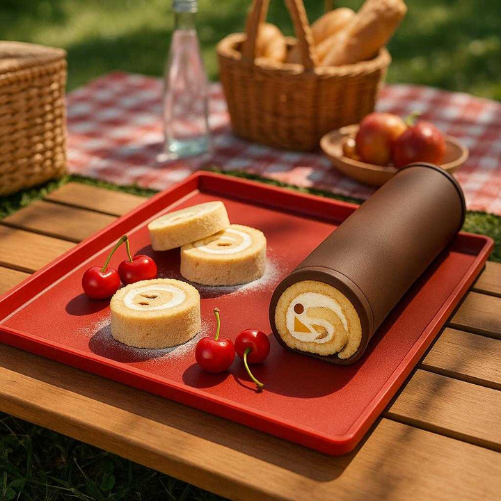 Schweizisk Rullemåtte i Silikone - Non-stick, Fleksibel, Let at Rengøre - Rød, Kaffe: A different realistic setting in an outdoor picnic scene where the silicone mat is securely positioned on a picnic table, being used as a non-stick surface for serving freshly baked Swiss roll slices.